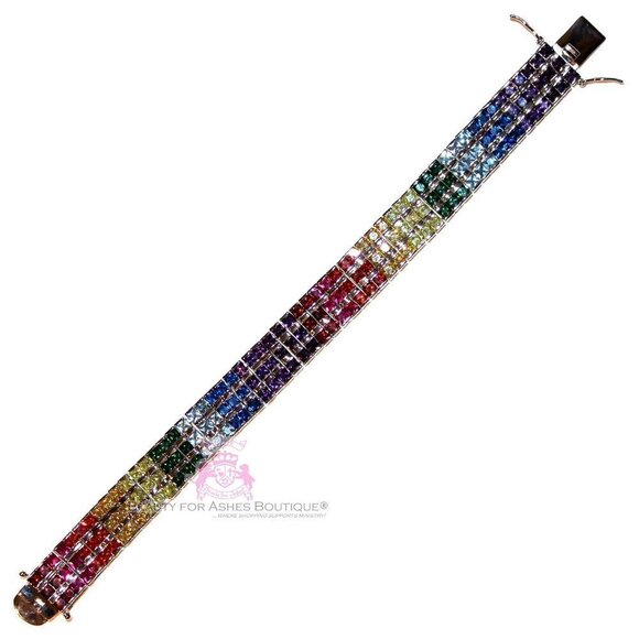 Cubic Zirconia Rainbow Cz 925 Sterling Silver Gods Promise Triple Row Bracelet - Picture 2 of 4